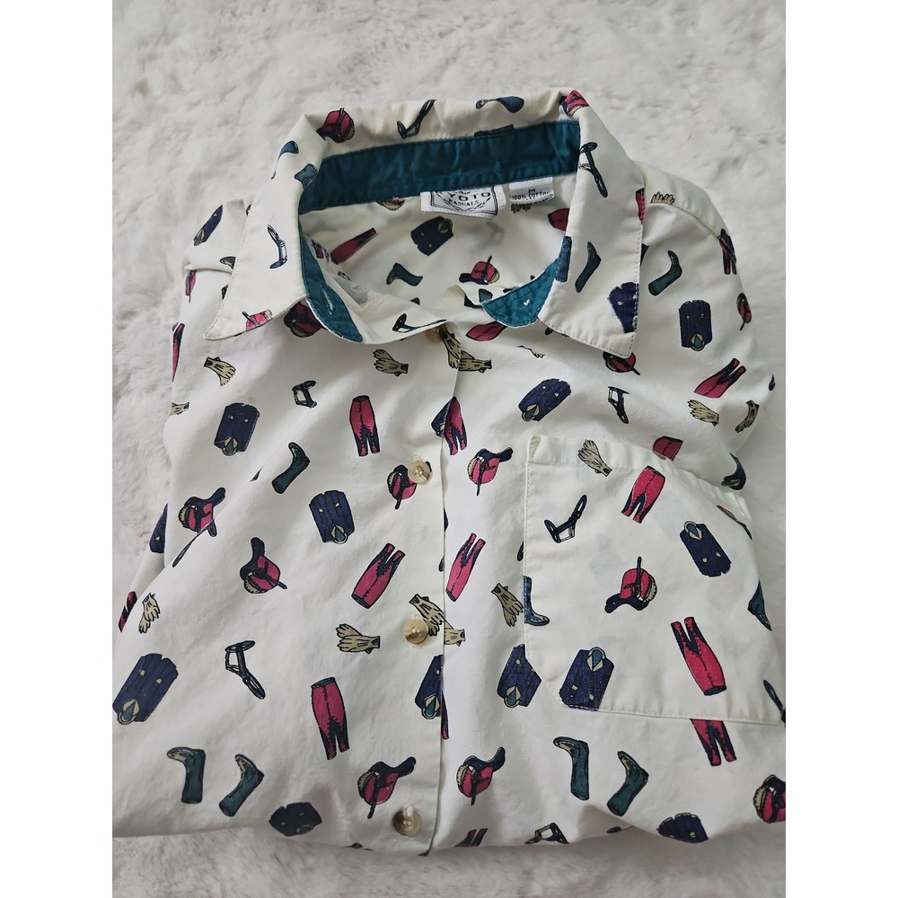 Vintage Kyoto Kasuals Equestrian Print Button Down Shirt Size Medium 100% Cotton